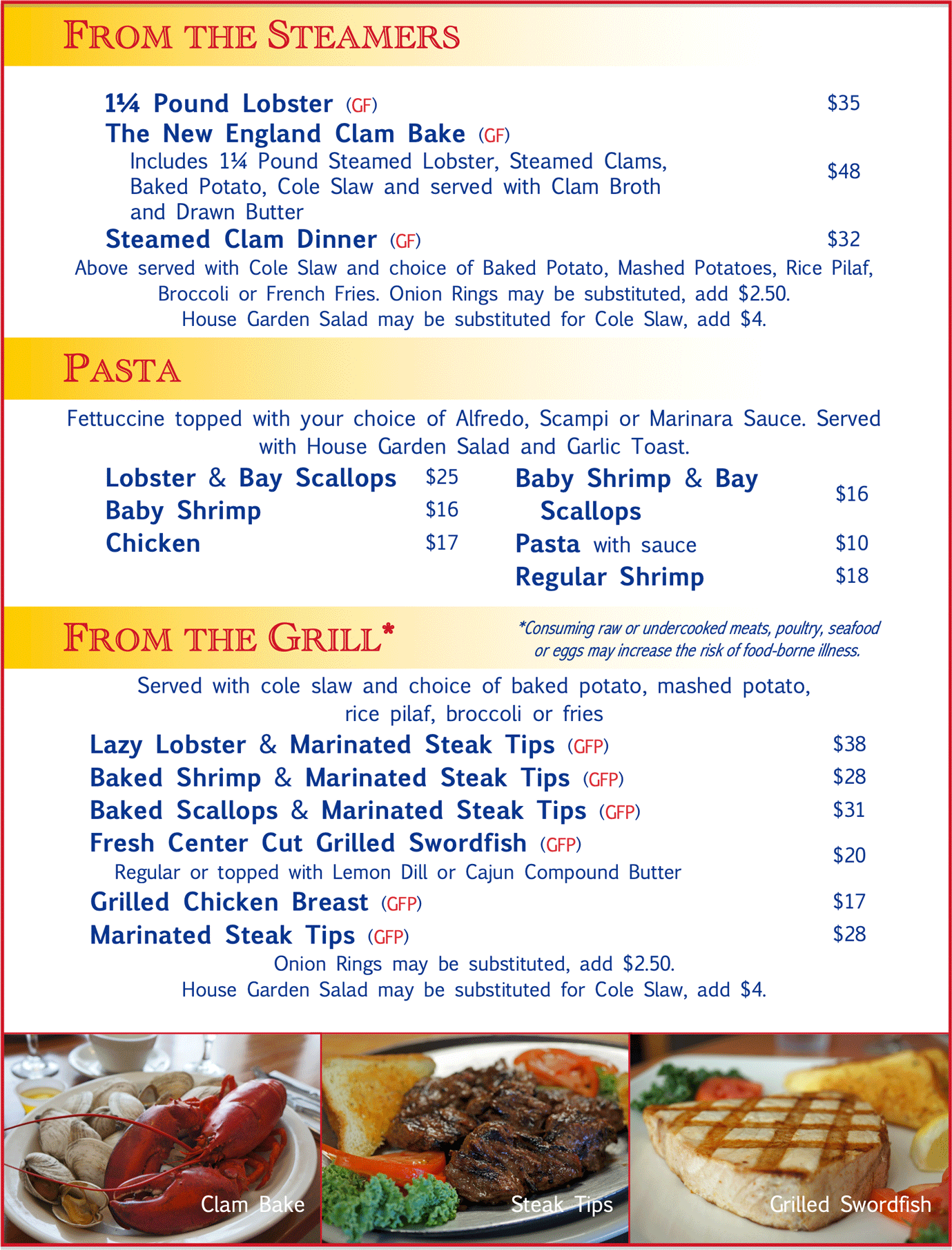 From the Steamers, Pasta, and Grilled Entrees