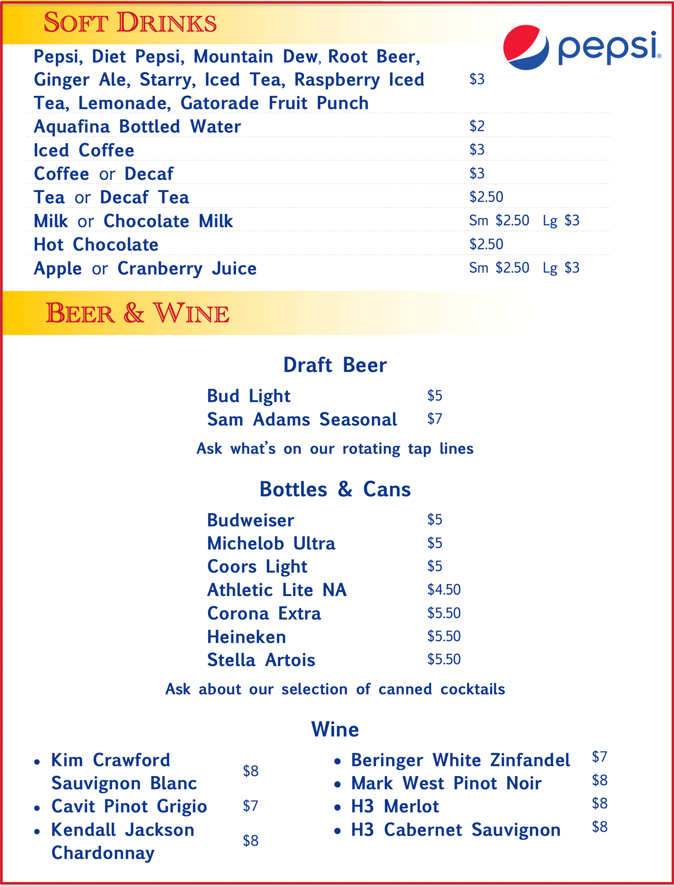 Soft Drinks, Beer and Wine